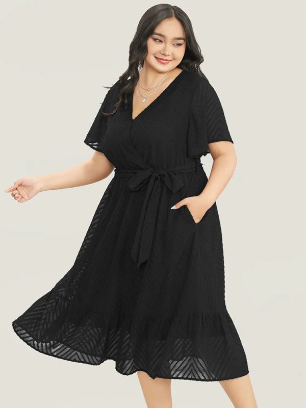 Plain Geometric Pocket Mesh Ruffle Sleeve Belted Wrap Dress