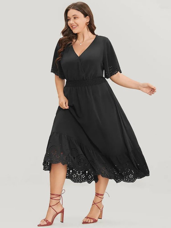 Solid Laser Cut Shirred Pocket Wrap Scalloped Trim Flutter Dress