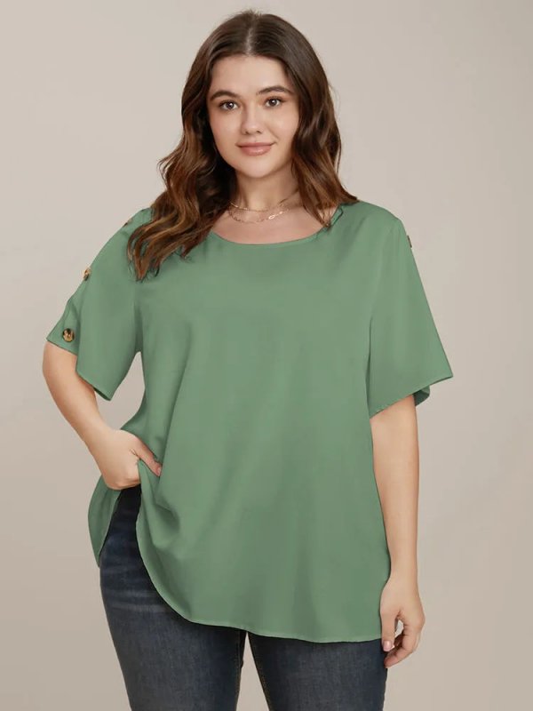 Plain Round Neck Button Detail Blouse