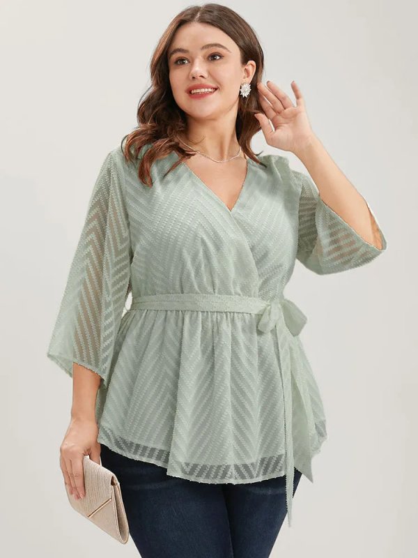 Plain Geometric Mesh Surplice Neck Belted Ruffles Blouse