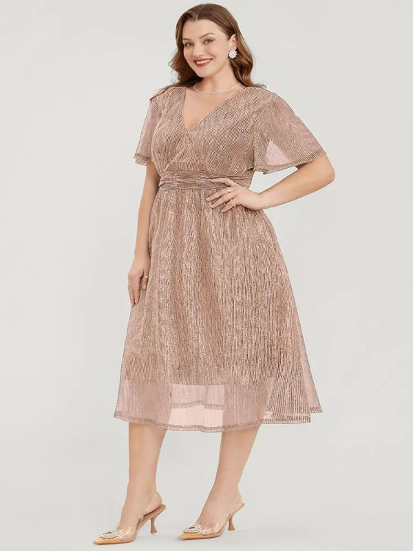 Glitter Mesh Surplice Neck Ruffle Sleeve Pocket Midi Dress