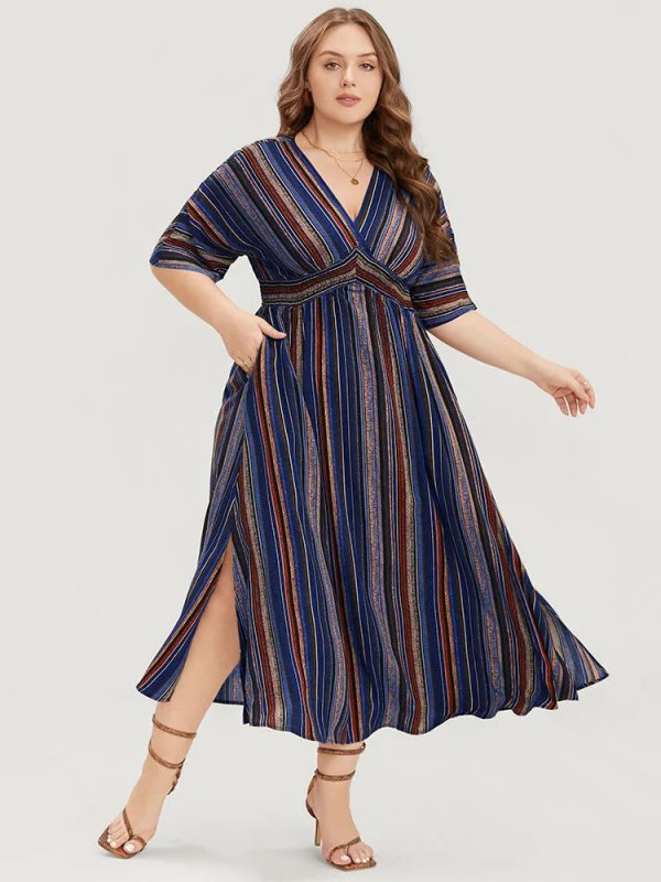 Striped Contrast Dolman Sleeve Shirred Pocket Split Flutter Dress
