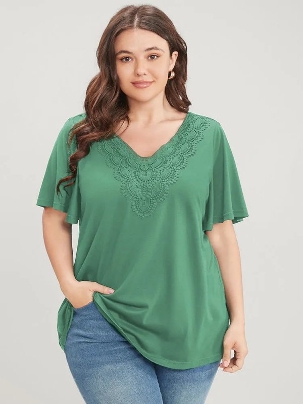 Solid Ruffle Sleeve Lace V Neck T-shirt