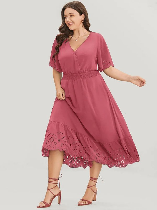 Solid Laser Cut Shirred Pocket Wrap Scalloped Trim Flutter Dress