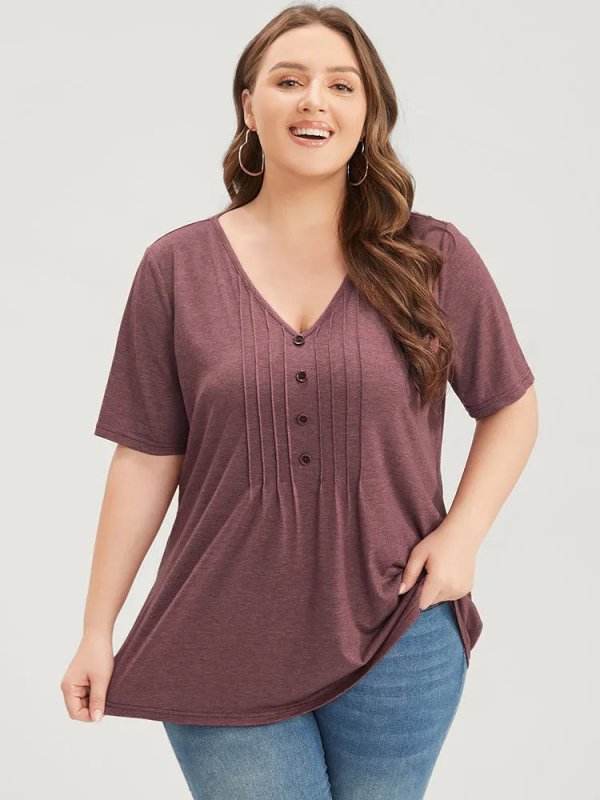 Solid Pleated Front Button Detail V Neck T-shirt