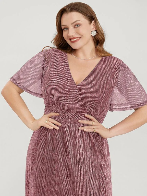 Glitter Mesh Surplice Neck Ruffle Sleeve Pocket Midi Dress