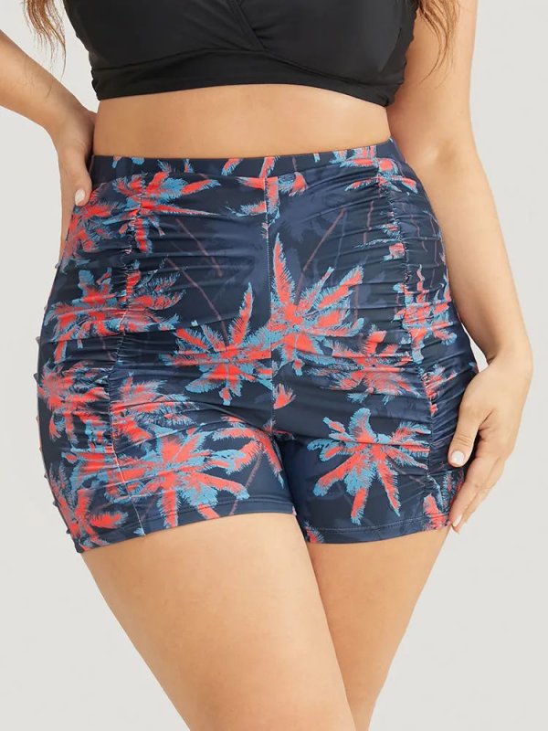 Solid High Waist Ruched Detail Swim Shorts