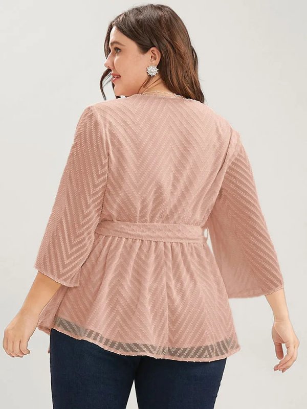 Plain Geometric Mesh Surplice Neck Belted Ruffles Blouse