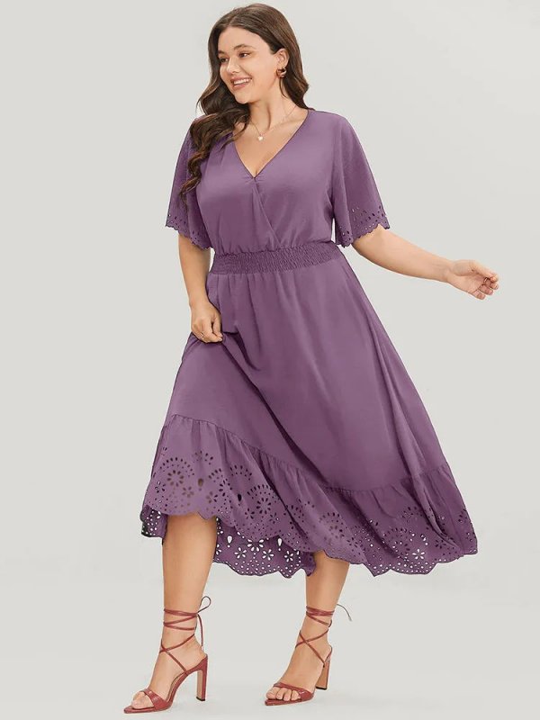 Solid Laser Cut Shirred Pocket Wrap Scalloped Trim Flutter Dress