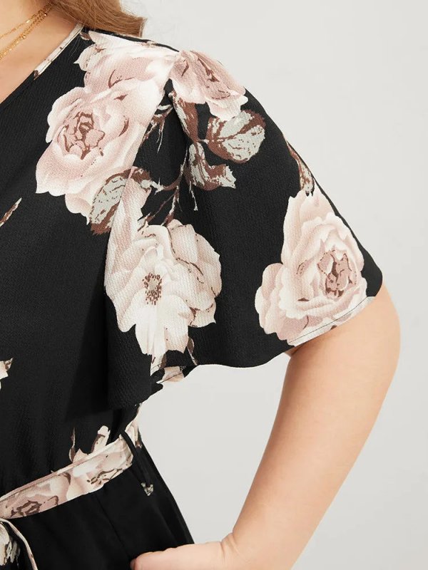 Floral Printed Pocket Ruffles Surplice Neck Belted Midi Dress
