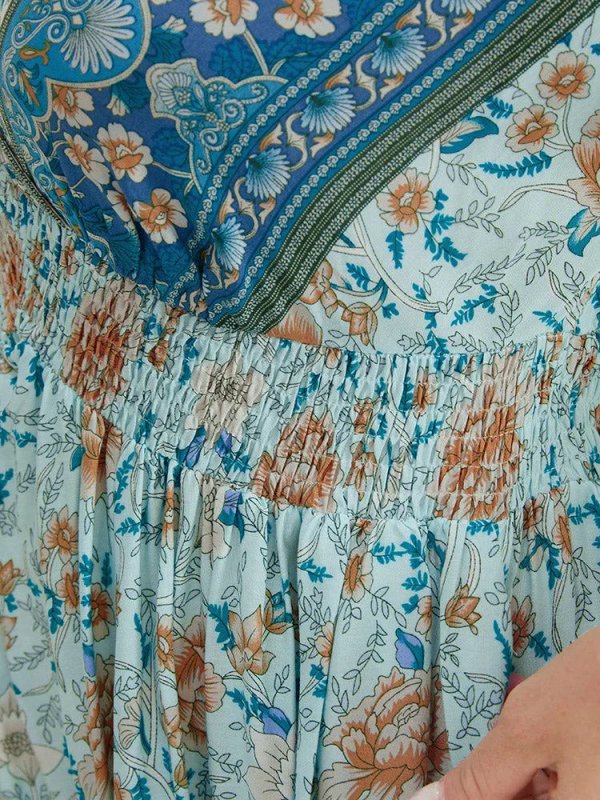 Floral Dolman Sleeve Ruffles Shirred Split Hem Dress