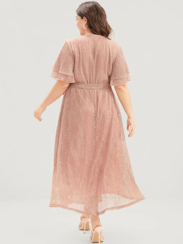 Plain V Neck Mesh Pocket Ruffle Tiered Belted Midi Dress