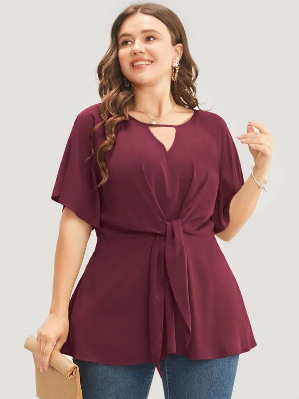 Plain Keyhole Knotted Front Ruffle Sleeve Blouse