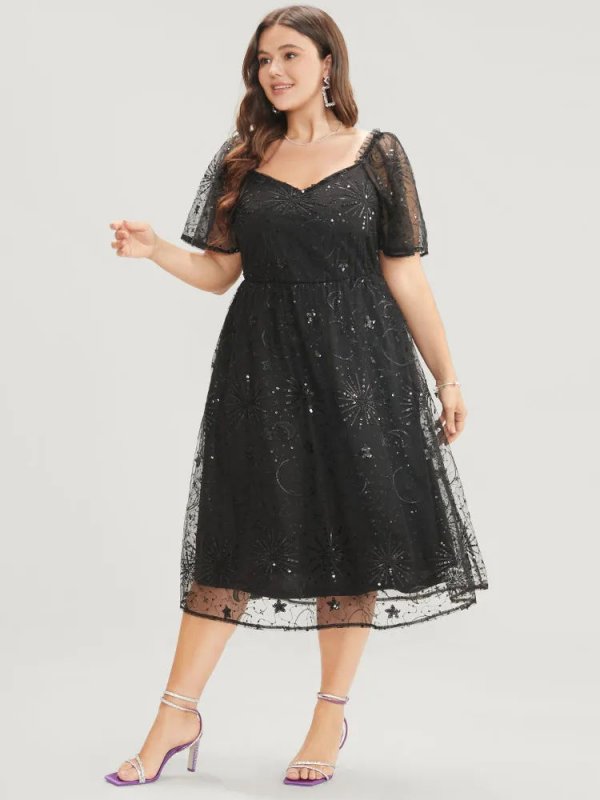 Moon And Star Sequin Detail Pocket Mesh Midi Dress