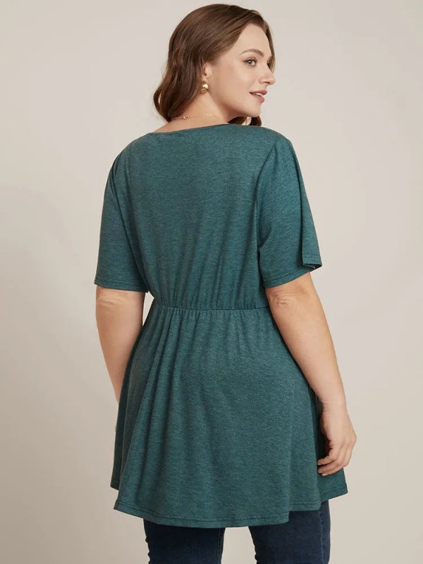 Solid Button V Neck Ruffles Blouse