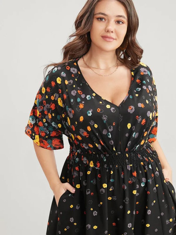 Floral Printed Pocket V Neck Shirred Split Hem Dress