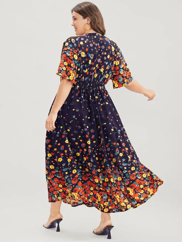 Floral Printed Pocket V Neck Shirred Split Hem Dress