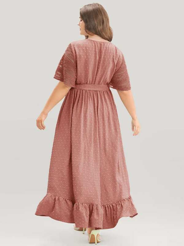 Solid Wrap Pocket Belted Contrast Lace Ruffle Trim Maxi Dress