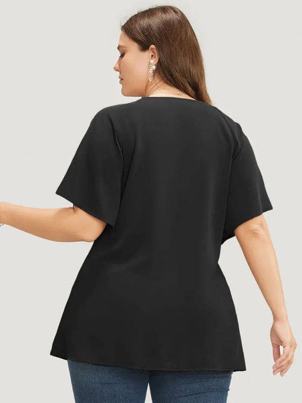 Plain Keyhole Knotted Front Ruffle Sleeve Blouse