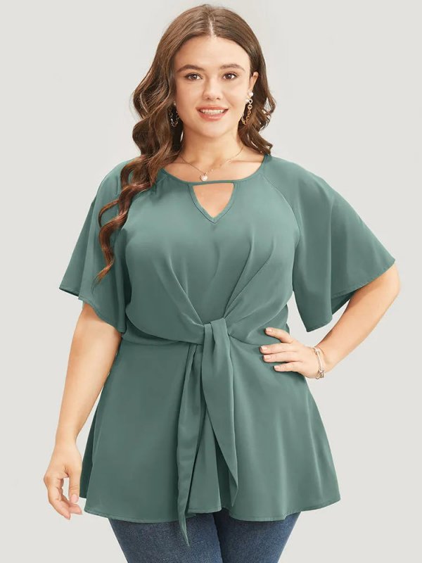 Plain Keyhole Knotted Front Ruffle Sleeve Blouse