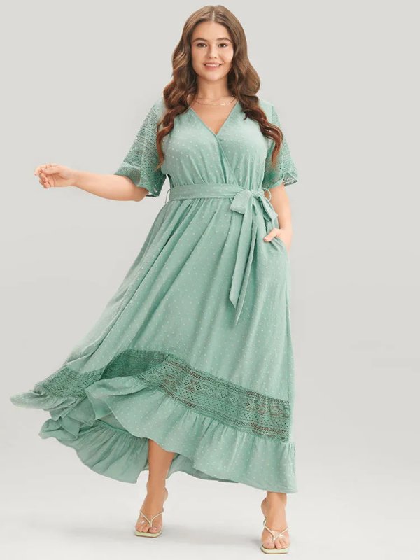Solid Wrap Pocket Belted Contrast Lace Ruffle Trim Maxi Dress