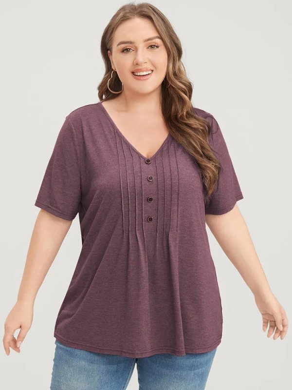 Solid Pleated Front Button Detail V Neck T-shirt