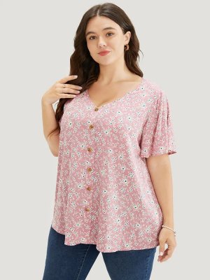 Ditsy Floral Contrast Ruffle Sleeve Button Detail Blouse