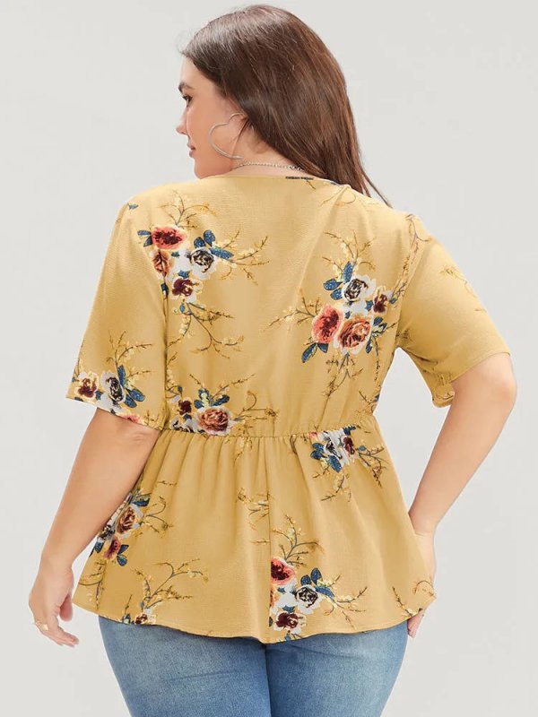 Floral Print Wrap Ruffles Asymmetrical Hem Blouse