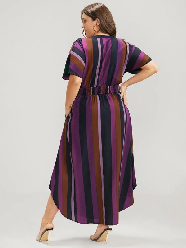 Striped Dolman Sleeve  Pocket Shirred Flutter Wrap Dress