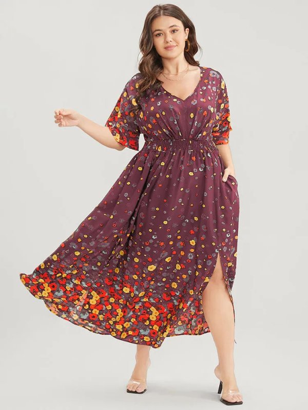 Floral Printed Pocket V Neck Shirred Split Hem Dress