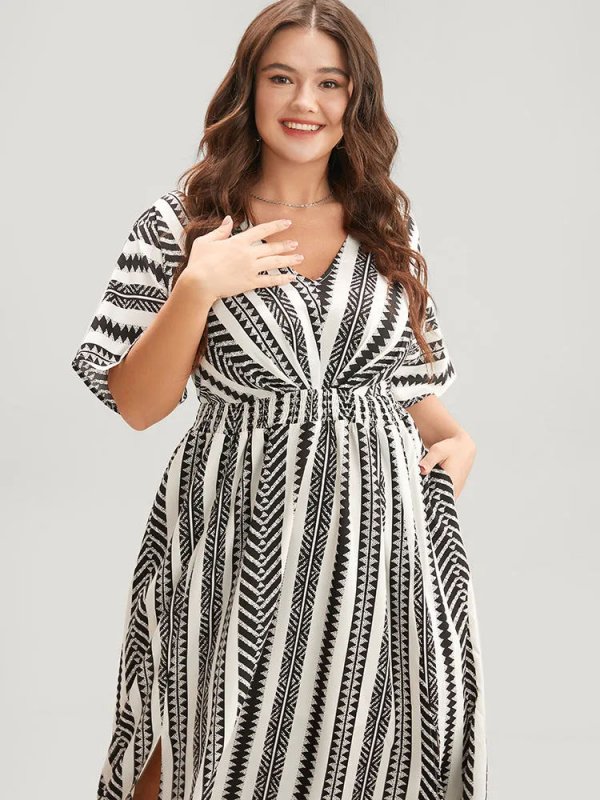 Solid Geometric Dolman Sleeve Pocket Shirred Split Hem Dress