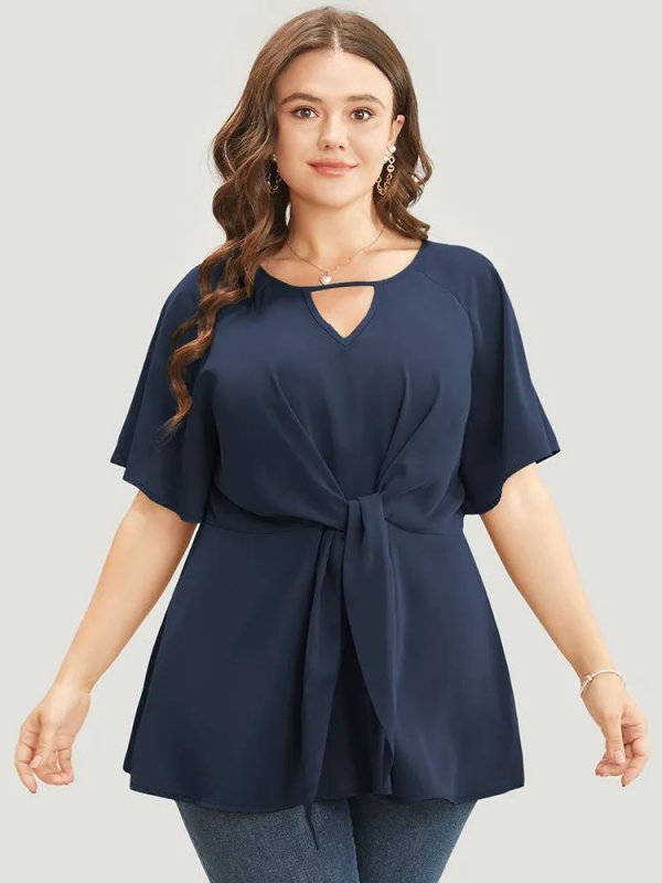 Plain Keyhole Knotted Front Ruffle Sleeve Blouse