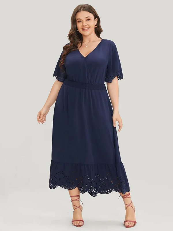 Solid Laser Cut Shirred Pocket Wrap Scalloped Trim Flutter Dress