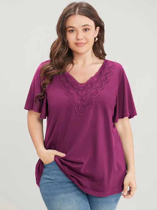 Solid Ruffle Sleeve Lace V Neck T-shirt