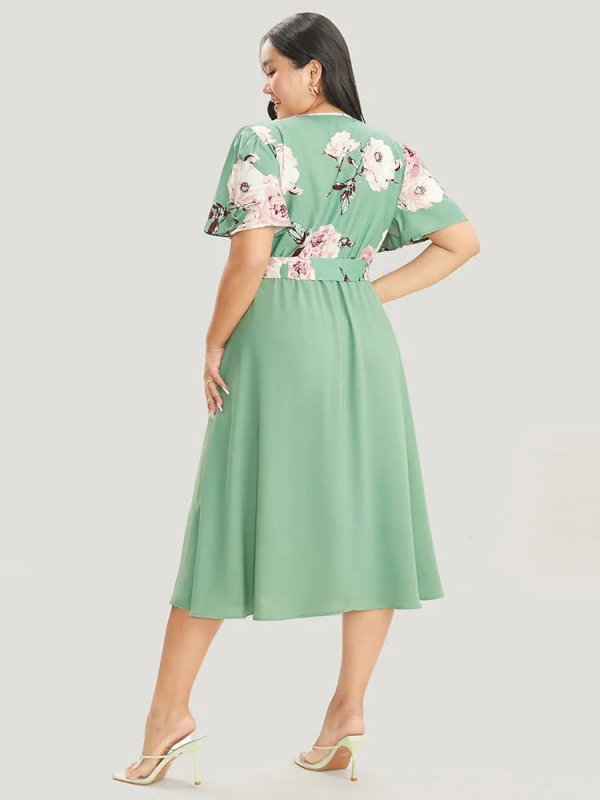 Floral Printed Pocket Ruffles Surplice Neck Belted Midi Dress
