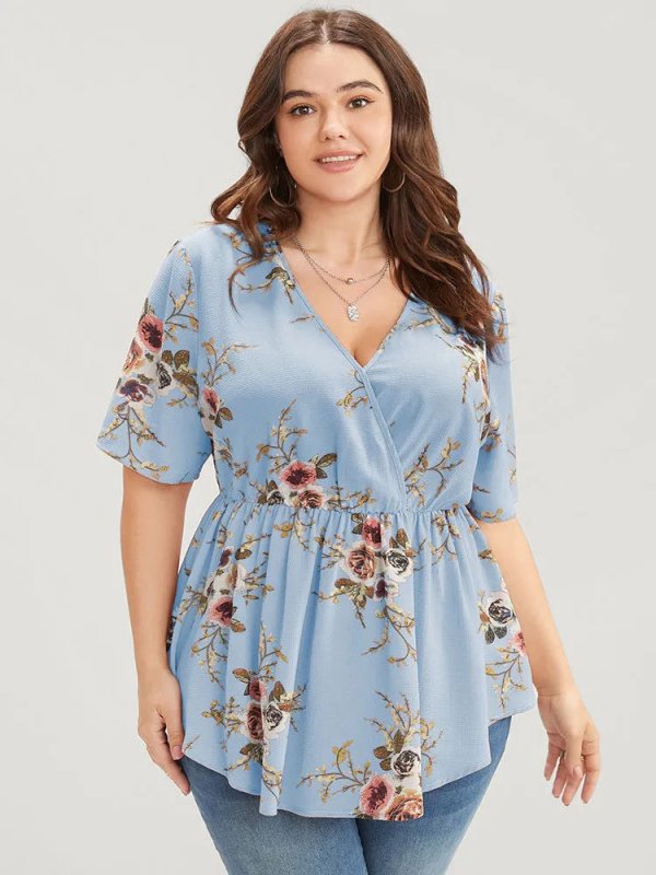 Floral Print Wrap Ruffles Asymmetrical Hem Blouse