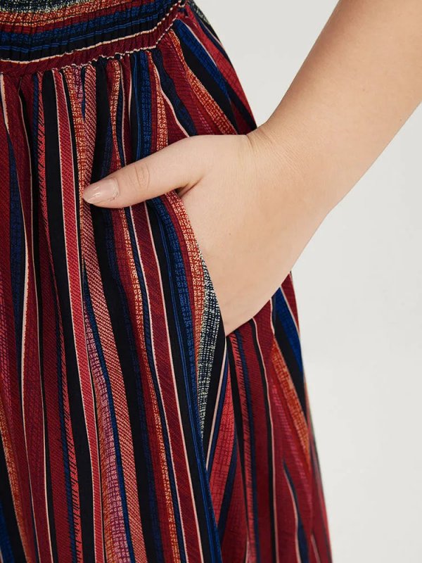 Striped Contrast Dolman Sleeve Shirred Pocket Split Flutter Dress