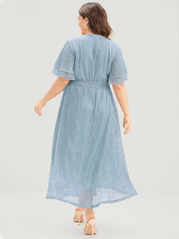 Plain V Neck Mesh Pocket Ruffle Tiered Belted Midi Dress