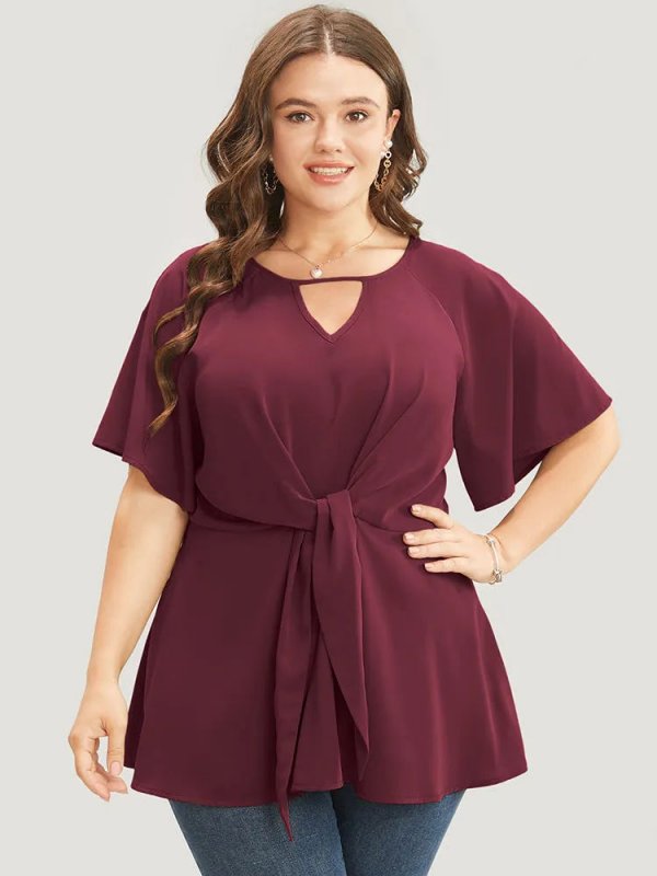 Plain Keyhole Knotted Front Ruffle Sleeve Blouse