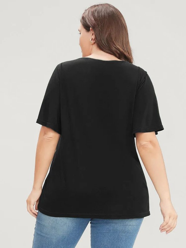 Solid Ruffle Sleeve Lace V Neck T-shirt