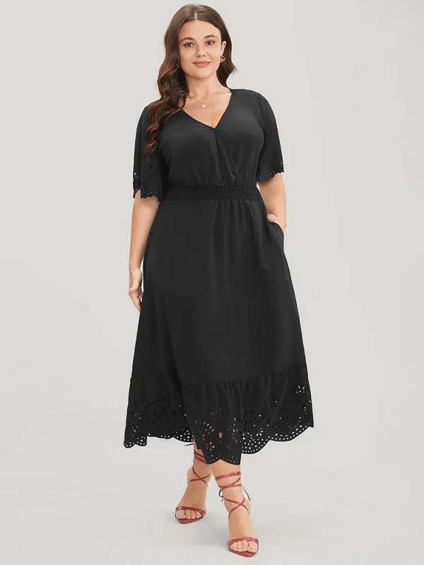 Solid Laser Cut Shirred Pocket Wrap Scalloped Trim Flutter Dress