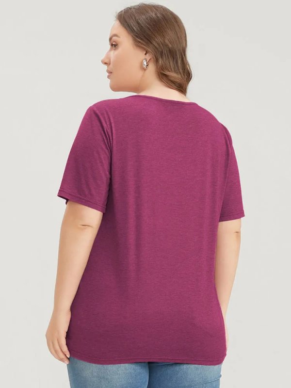 Solid Pleated Front Button Detail V Neck T-shirt