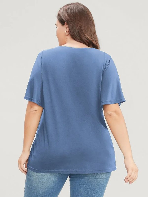 Solid Ruffle Sleeve Lace V Neck T-shirt