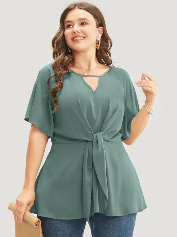 Plain Keyhole Knotted Front Ruffle Sleeve Blouse