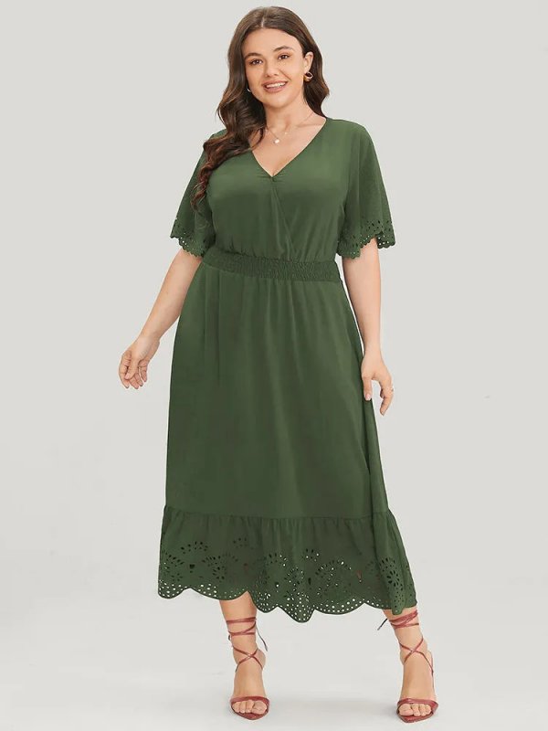 Solid Laser Cut Shirred Pocket Wrap Scalloped Trim Flutter Dress