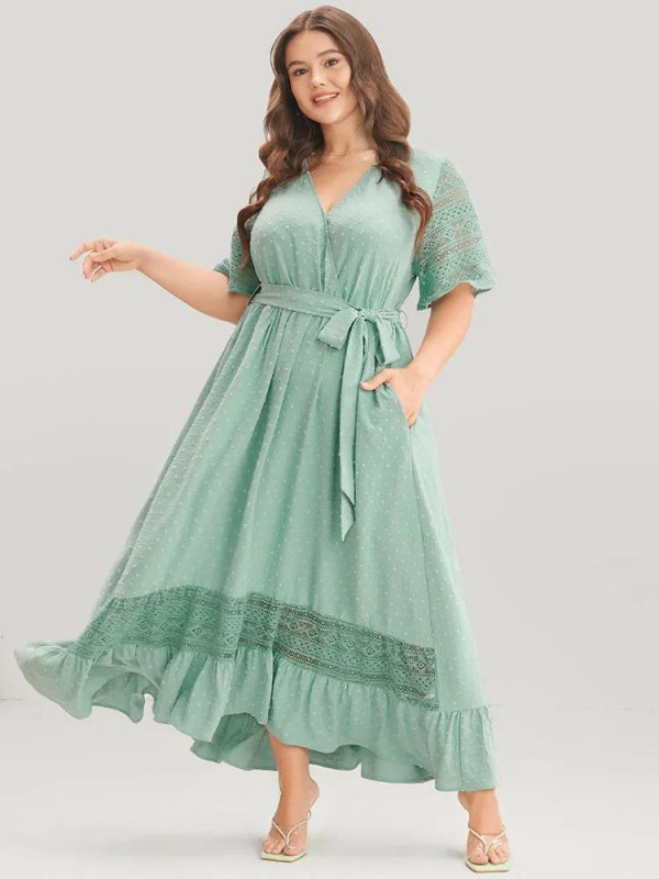 Solid Wrap Pocket Belted Contrast Lace Ruffle Trim Maxi Dress