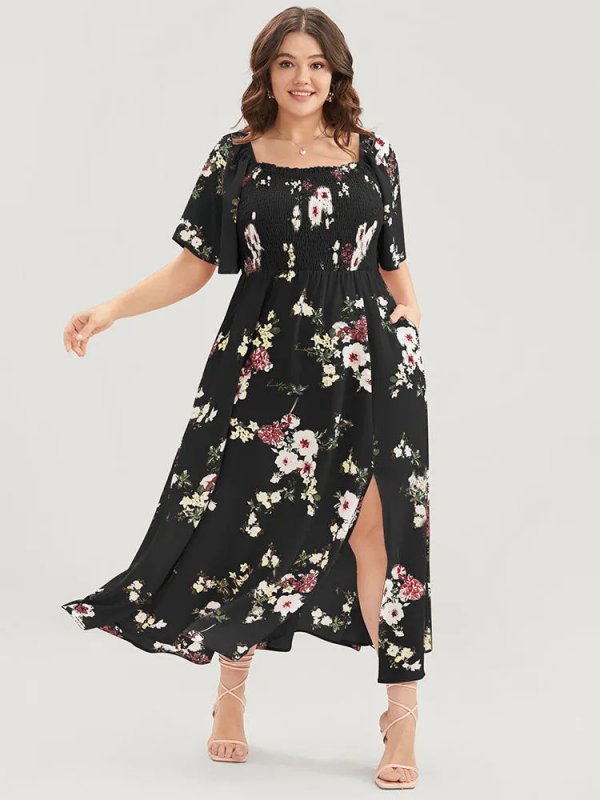 Floral Square Neck Ruffles Pocket Shirred Split Dress