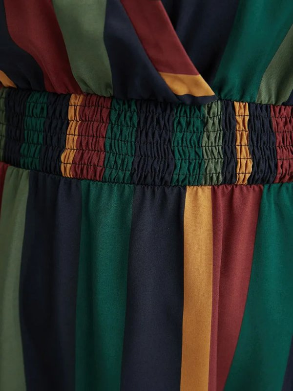 Striped Dolman Sleeve  Pocket Shirred Flutter Wrap Dress