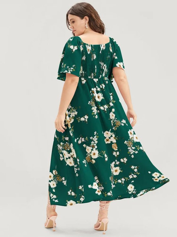 Floral Square Neck Ruffles Pocket Shirred Split Dress