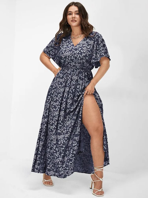 [Hot Sale] Flutter Sleeve Ditsy Floral Pocket Split Maxi Dress